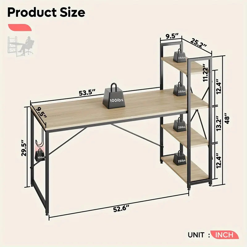 Home office computer desk large Office Desk With 4 Tier Shelves, Modern Simple Style Workstation Table Industrial Writing Desk For Home Office Small Spaces