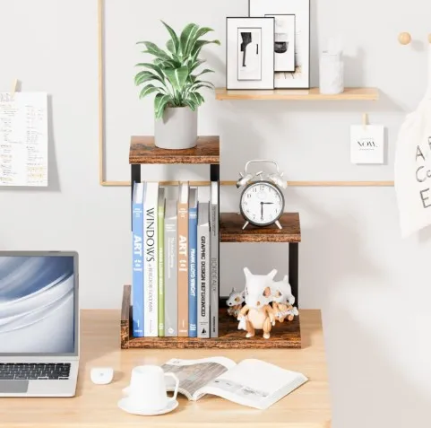 3 Tier Storage Display Rack Wood desktop Shelf Small Bookshelf Desk Organizers, Office Decor, Stand Shelves with Metal Frame for Books/Plants/Toys