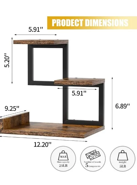 3 Tier Storage Display Rack Wood desktop Shelf Small Bookshelf Desk Organizers, Office Decor, Stand Shelves with Metal Frame for Books/Plants/Toys