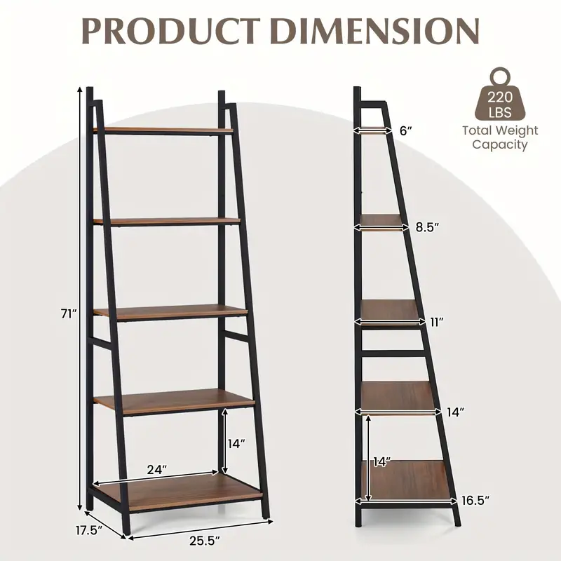 5 tier bookshelf/versatile Bookcase with Wood & Metal Frame for Home or Office, Ladder Shape Bookshelf Rack, Organizer