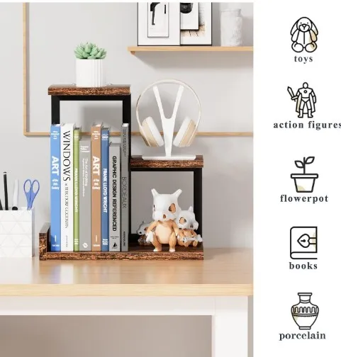 3 Tier Storage Display Rack Wood desktop Shelf Small Bookshelf Desk Organizers, Office Decor, Stand Shelves with Metal Frame for Books/Plants/Toys