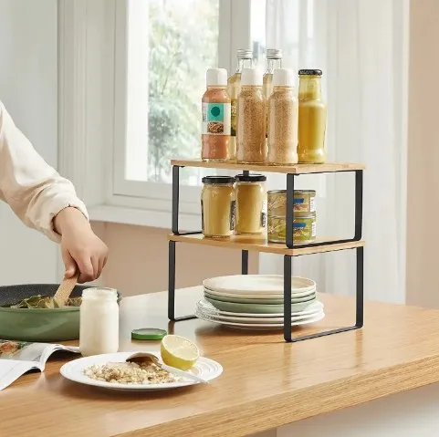 Kitchen Cabinet Shelf Rack 2 Tier Wooden Organizer, Stackable, Expandable, Black/Natural Brown |Kitchen Accessories |Kitchen Cabinets Shelf Rack