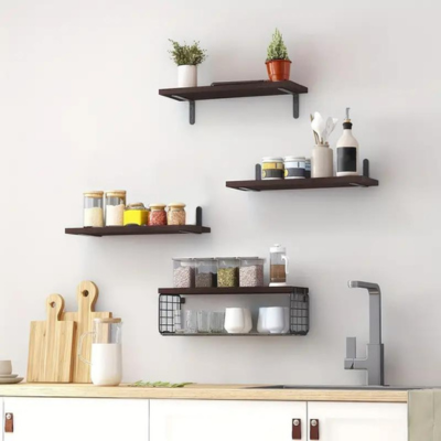 4 Piece Floating Shelves Set Wall Mounted with Wire Storage Basket for Ample Storage Perfect for Living Room, Bedroom, Bathroom, and Kitchen Decoration