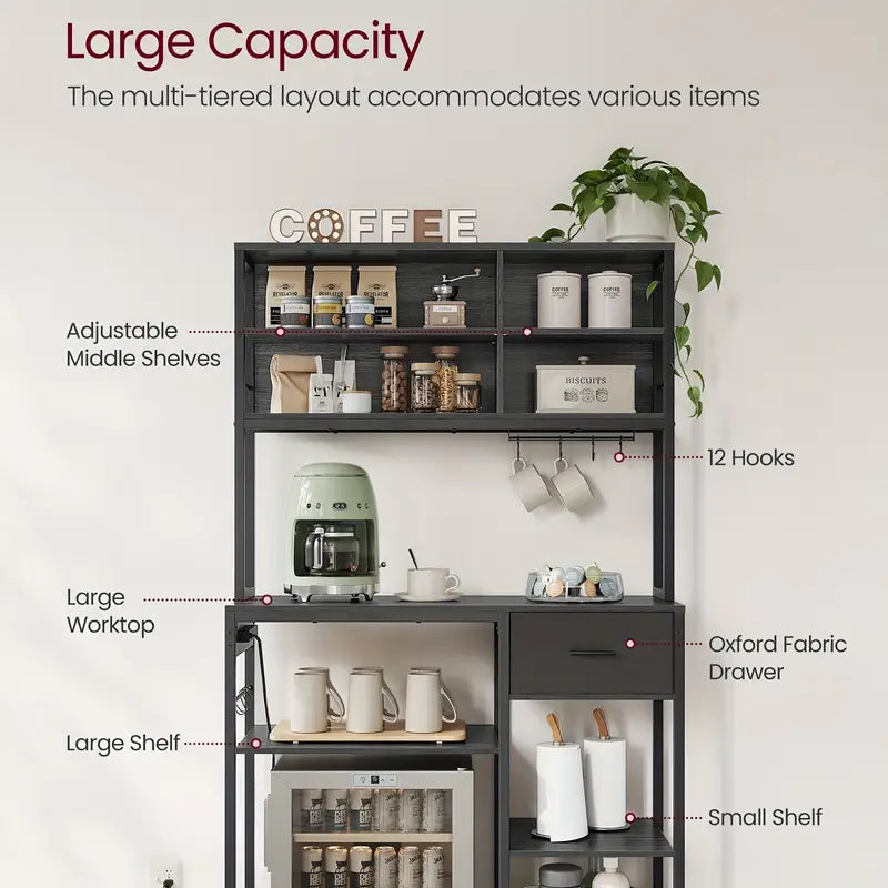 Bakers Rack With Charging Station, Coffee Bar Stand With Adjustable Storage Shelves, Fabric Drawer, Microven Racks, Kitchen racks