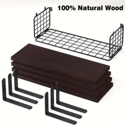 4 Piece Floating Shelves Set Wall Mounted with Wire Storage Basket for Ample Storage Perfect for Living Room, Bedroom, Bathroom, and Kitchen Decoration