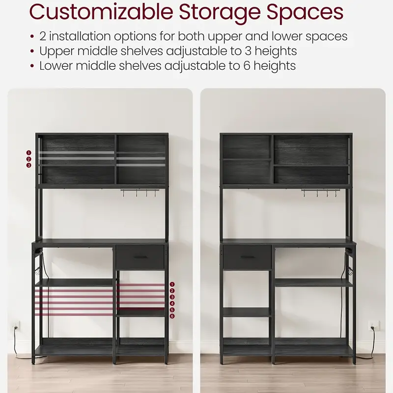 Bakers Rack With Charging Station, Coffee Bar Stand With Adjustable Storage Shelves, Fabric Drawer, Microven Racks, Kitchen racks