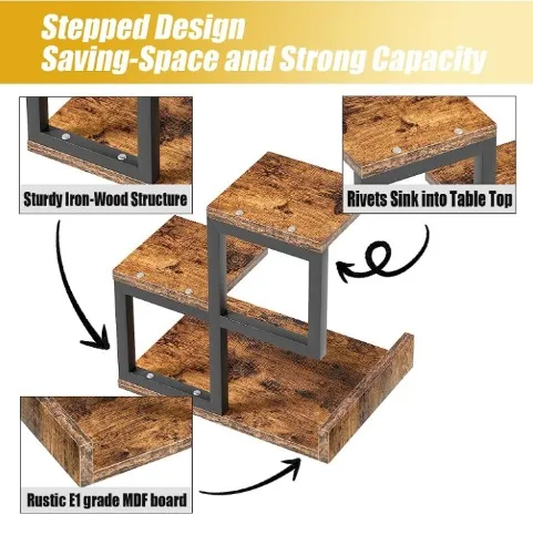 3 Tier Storage Display Rack Wood desktop Shelf Small Bookshelf Desk Organizers, Office Decor, Stand Shelves with Metal Frame for Books/Plants/Toys