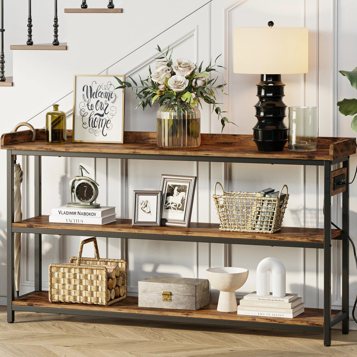 Versatile 3-Tier Console Table: Adjustable Wood-Metal Sofa Table for Chic Living Room and Home Organization