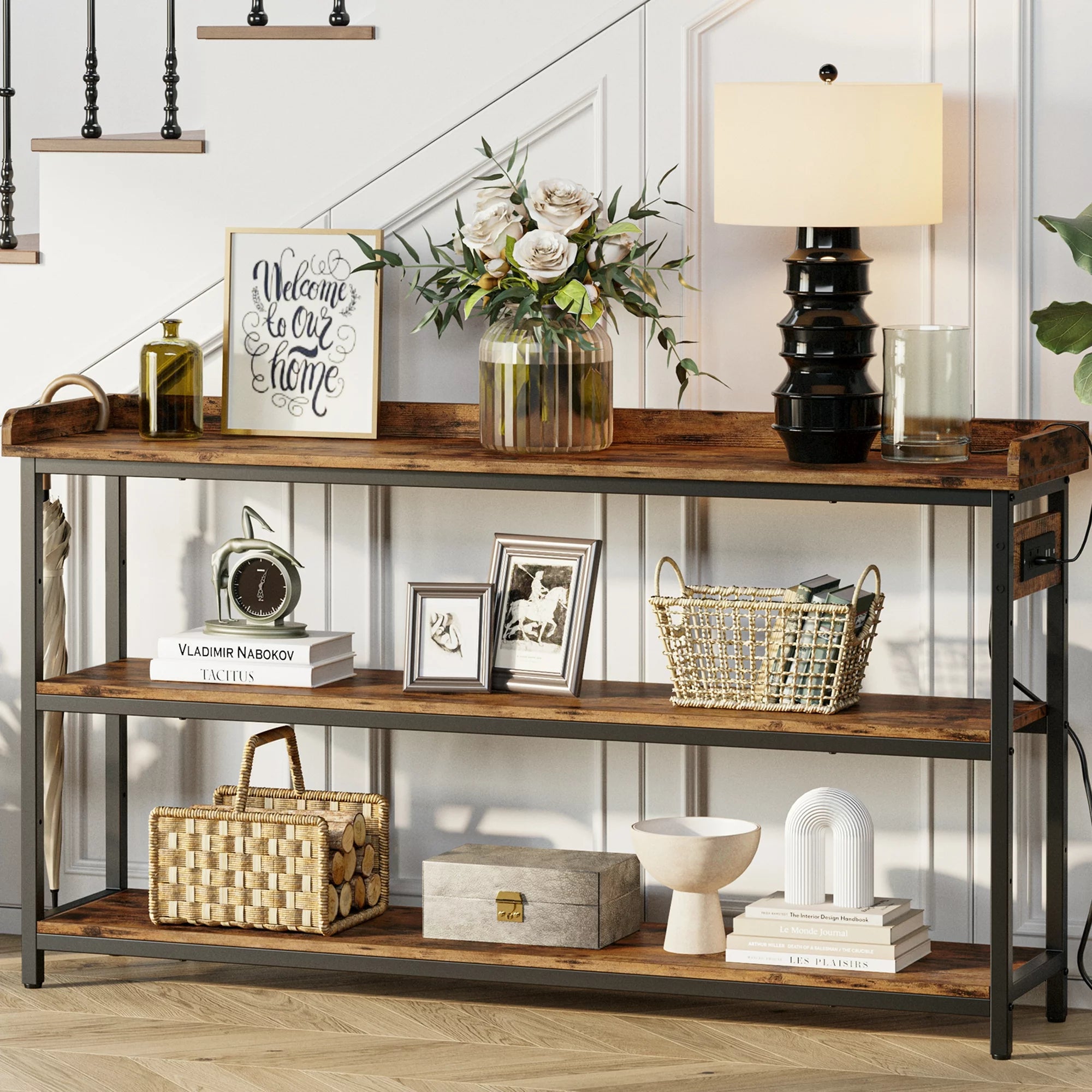 Versatile 3-Tier Console Table: Adjustable Wood-Metal Sofa Table for Chic Living Room and Home Organization