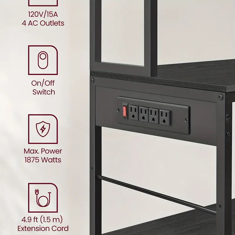 Bakers Rack With Charging Station, Coffee Bar Stand With Adjustable Storage Shelves, Fabric Drawer, Microven Racks, Kitchen racks