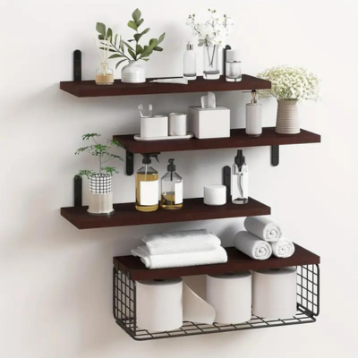4 Piece Floating Shelves Set Wall Mounted with Wire Storage Basket for Ample Storage Perfect for Living Room, Bedroom, Bathroom, and Kitchen Decoration