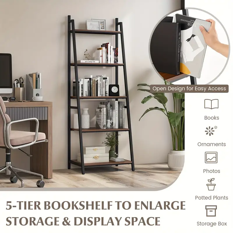 5 tier bookshelf/versatile Bookcase with Wood & Metal Frame for Home or Office, Ladder Shape Bookshelf Rack, Organizer