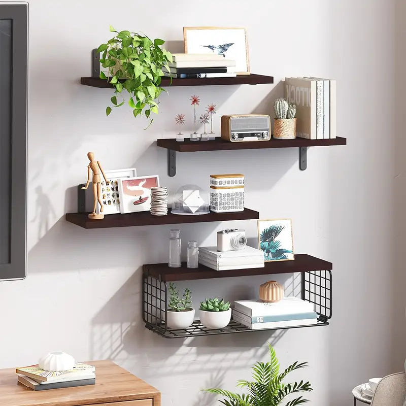 4 Piece Floating Shelves Set Wall Mounted with Wire Storage Basket for Ample Storage Perfect for Living Room, Bedroom, Bathroom, and Kitchen Decoration