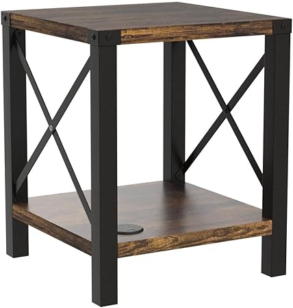 Rustic Industrial Side Table with Black Metal Frame – Perfect Nightstand or End Table for Small Spaces, Living Room, and Bedroom