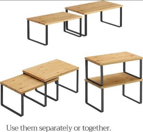 Kitchen Cabinet Shelf Rack 2 Tier Wooden Organizer, Stackable, Expandable, Black/Natural Brown |Kitchen Accessories |Kitchen Cabinets Shelf Rack