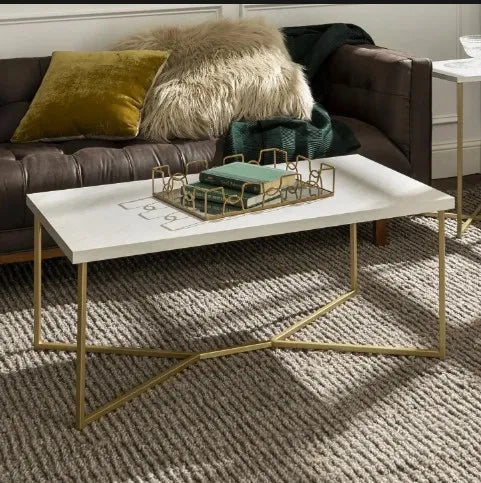 Center Table For Drawing Room, Rectangular Shape Wooden Base With Golden Farm Coffee table, Modern Drawing room table, Stylish Center Table