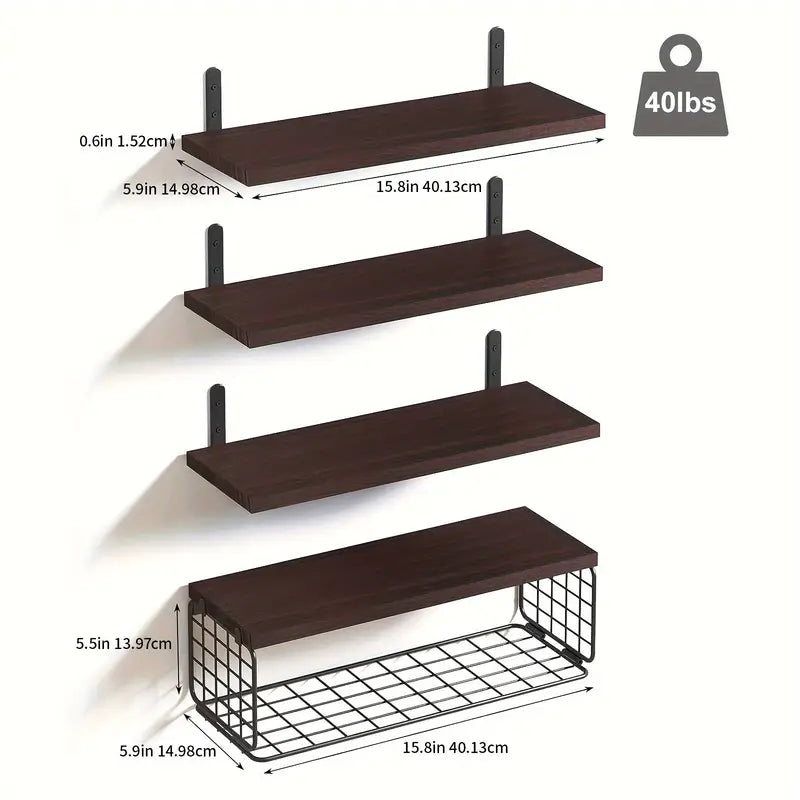 4 Piece Floating Shelves Set Wall Mounted with Wire Storage Basket for Ample Storage Perfect for Living Room, Bedroom, Bathroom, and Kitchen Decoration