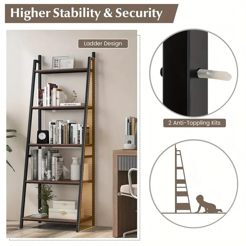 5 tier bookshelf/versatile Bookcase with Wood & Metal Frame for Home or Office, Ladder Shape Bookshelf Rack, Organizer