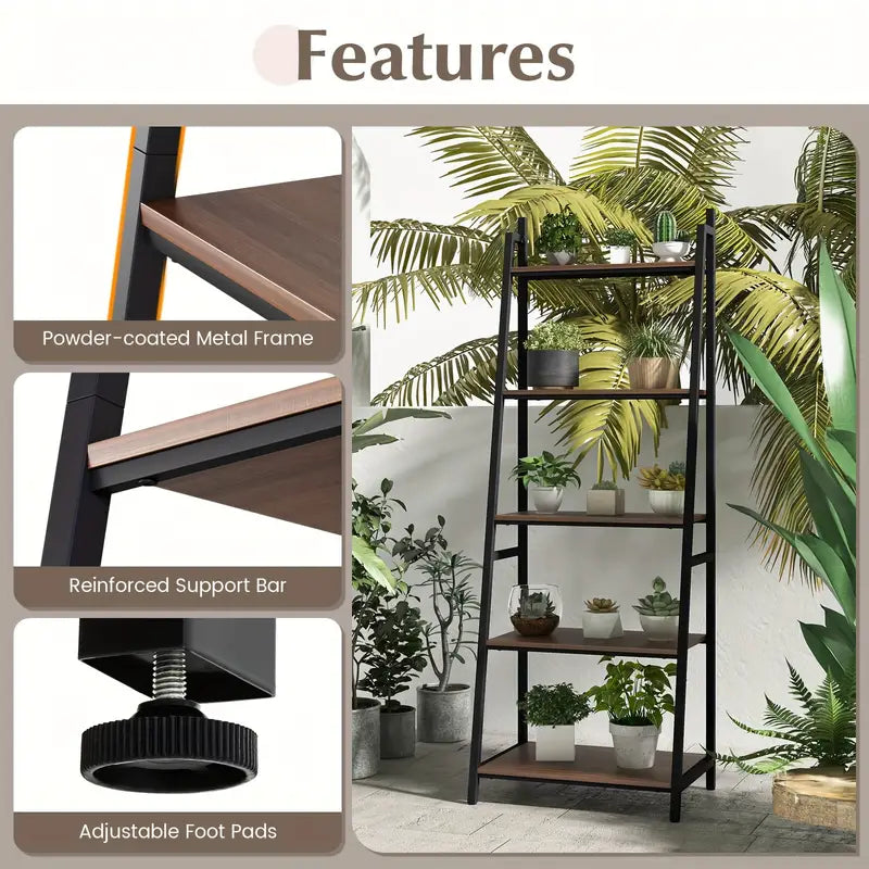 5 tier bookshelf/versatile Bookcase with Wood & Metal Frame for Home or Office, Ladder Shape Bookshelf Rack, Organizer