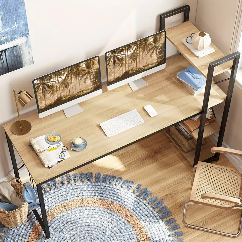 Home office computer desk large Office Desk With 4 Tier Shelves, Modern Simple Style Workstation Table Industrial Writing Desk For Home Office Small Spaces