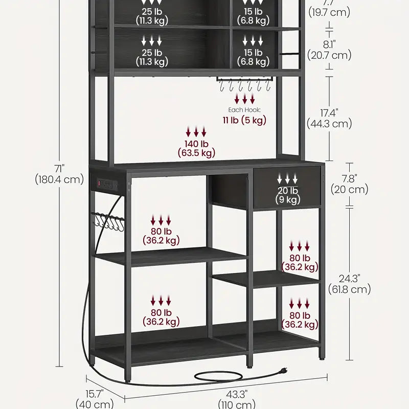 Bakers Rack With Charging Station, Coffee Bar Stand With Adjustable Storage Shelves, Fabric Drawer, Microven Racks, Kitchen racks
