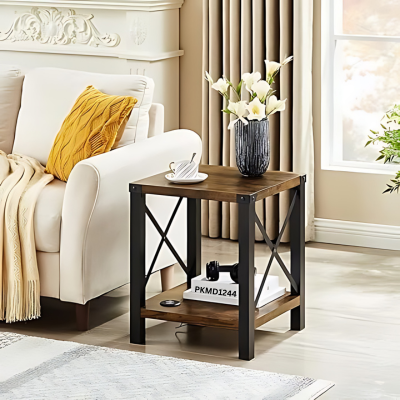 Rustic Industrial Side Table with Black Metal Frame – Perfect Nightstand or End Table for Small Spaces, Living Room, and Bedroom