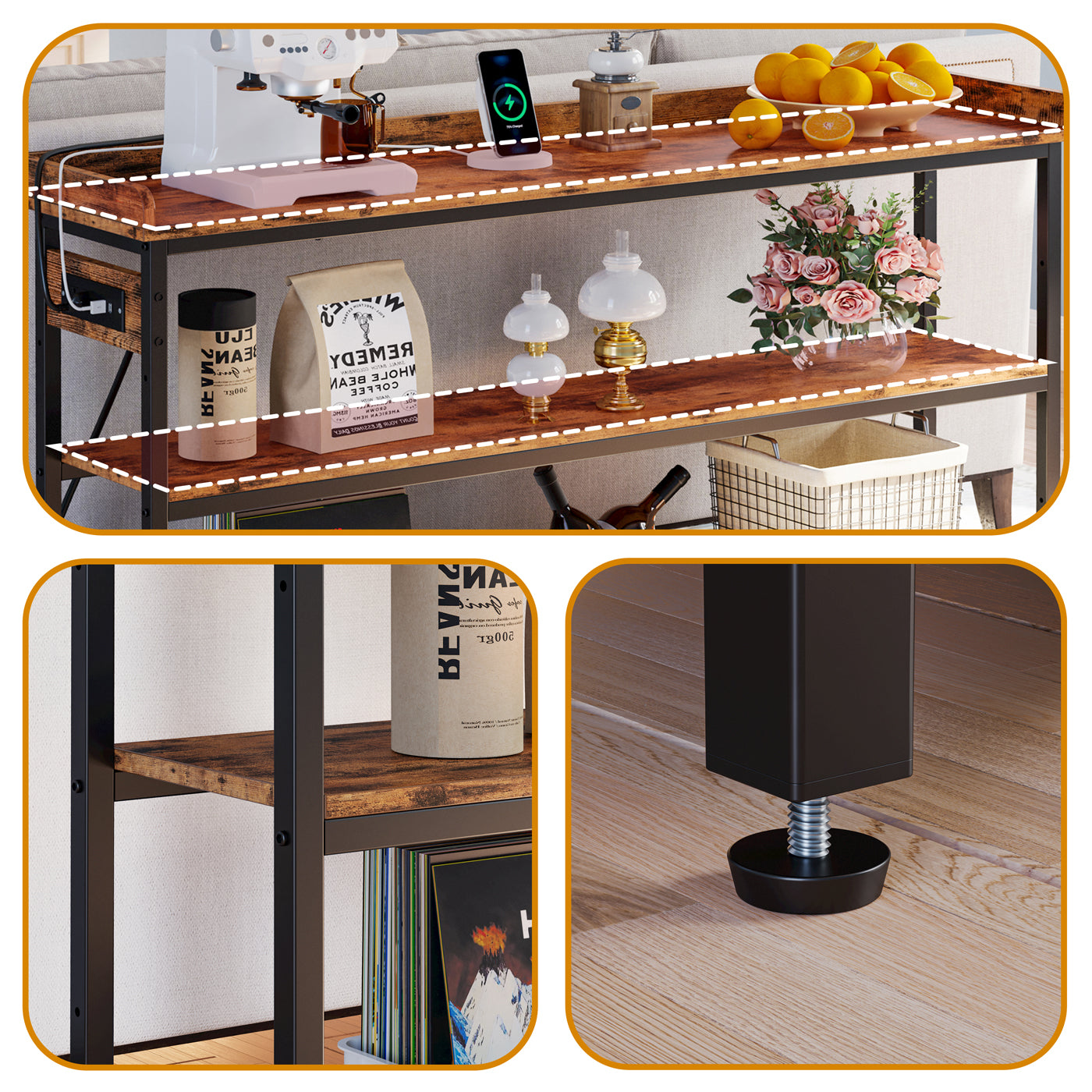 Versatile 3-Tier Console Table: Adjustable Wood-Metal Sofa Table for Chic Living Room and Home Organization