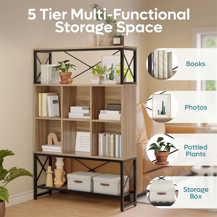 Bookcase with 6 Cubes and 3 Open Storage Shelves for Living rooms, 5 tier Bookshelf, Display Shelf, Stylish Adjustable Bookshelf, Home Offices