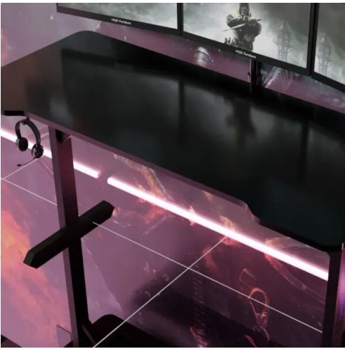 Black Metal Gaming Desk with Wooden Top, Ergonomic Office Workstation, Modern PC Laptop Table, Study Desk with Headset Holder, Home Office Computer Desk