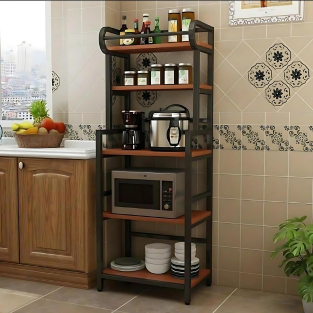 5 tier Kitchen storage rack for microwave oven and multiple kitchen accessories organizer wood shelf