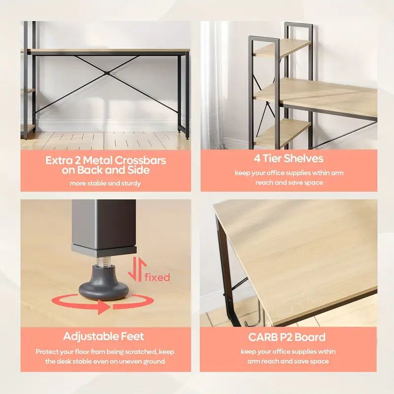 Home office computer desk large Office Desk With 4 Tier Shelves, Modern Simple Style Workstation Table Industrial Writing Desk For Home Office Small Spaces