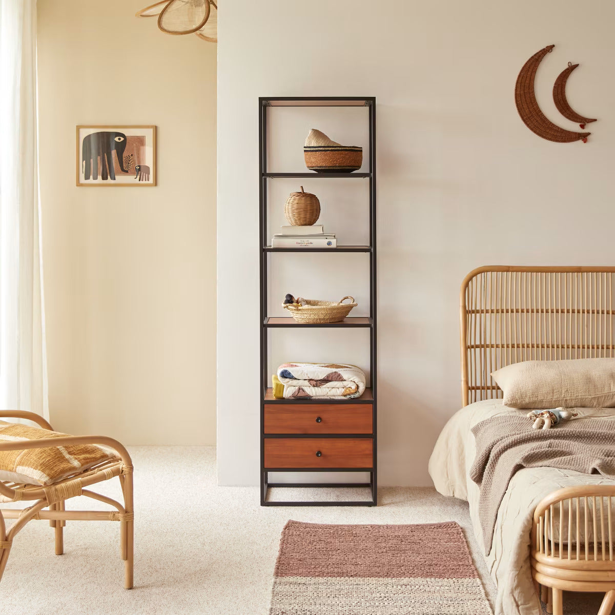 4-Tier Kids' Metal Shelving Unit with 2 Drawers -Metal Bookshelf Unit - Stylish Storage Solutions for Playrooms and Bedrooms