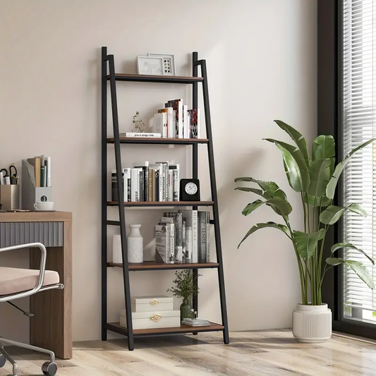 5 tier bookshelf/versatile Bookcase with Wood & Metal Frame for Home or Office, Ladder Shape Bookshelf Rack, Organizer