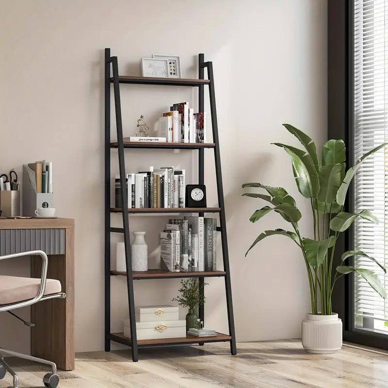 5 tier bookshelf/versatile Bookcase with Wood & Metal Frame for Home or Office, Ladder Shape Bookshelf Rack, Organizer