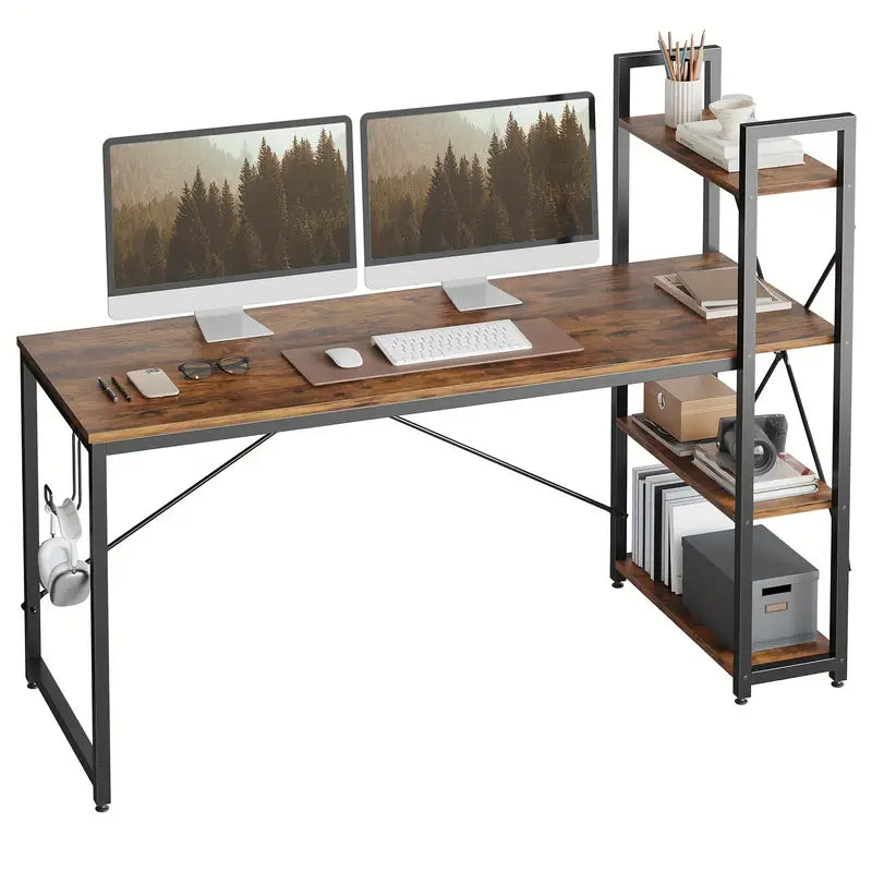 Home office computer desk large Office Desk With 4 Tier Shelves, Modern Simple Style Workstation Table Industrial Writing Desk For Home Office Small Spaces