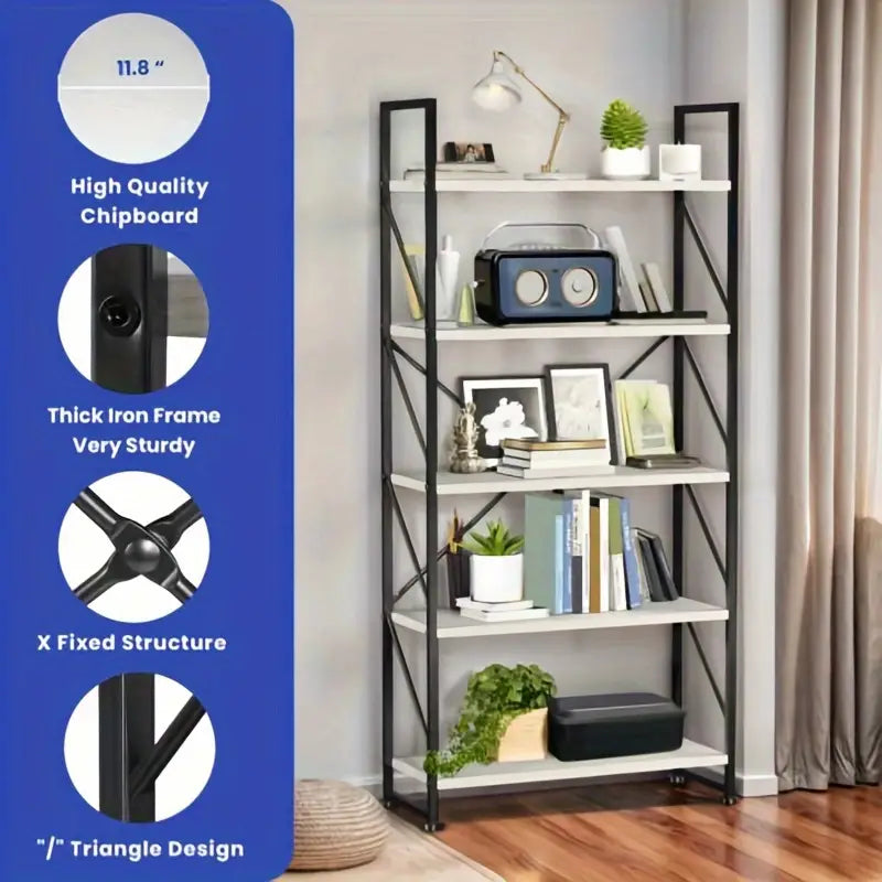 5 tier wooden Bookshelf | Open shelf | Industrial Storage Rack for organizing books, family photos, potted plants, Modern Display Rack Standing Book Shelves for Bedroom, for Living Room, Kitchen