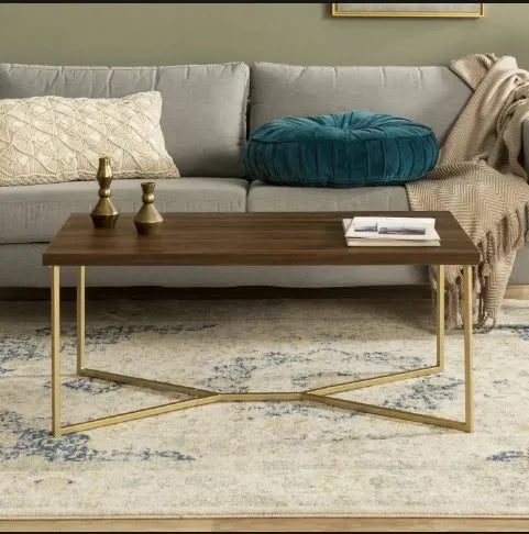 Center Table For Drawing Room, Rectangular Shape Wooden Base With Golden Farm Coffee table, Modern Drawing room table, Stylish Center Table