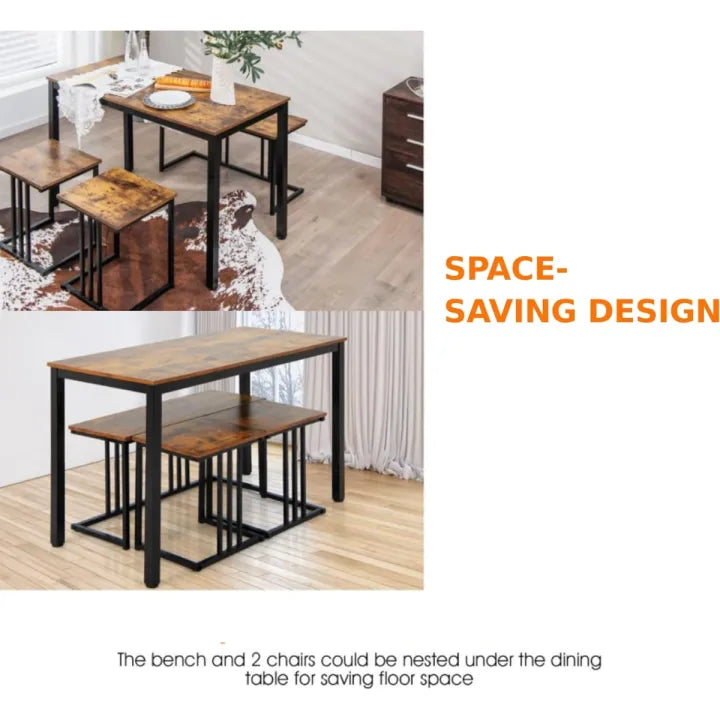 4 Piece Kitchen Dinging Table Set, Wooden Table with 2 Stools and Bench, Dining Set, Kitchen Table Set with Iron Frame, Space-Saving Table Set
