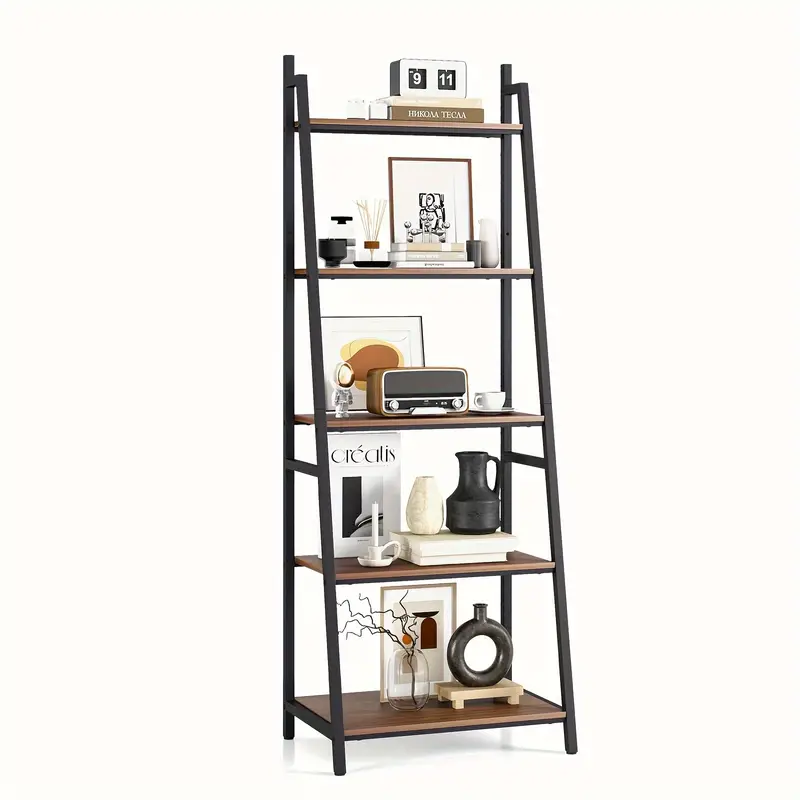 5 tier bookshelf/versatile Bookcase with Wood & Metal Frame for Home or Office, Ladder Shape Bookshelf Rack, Organizer