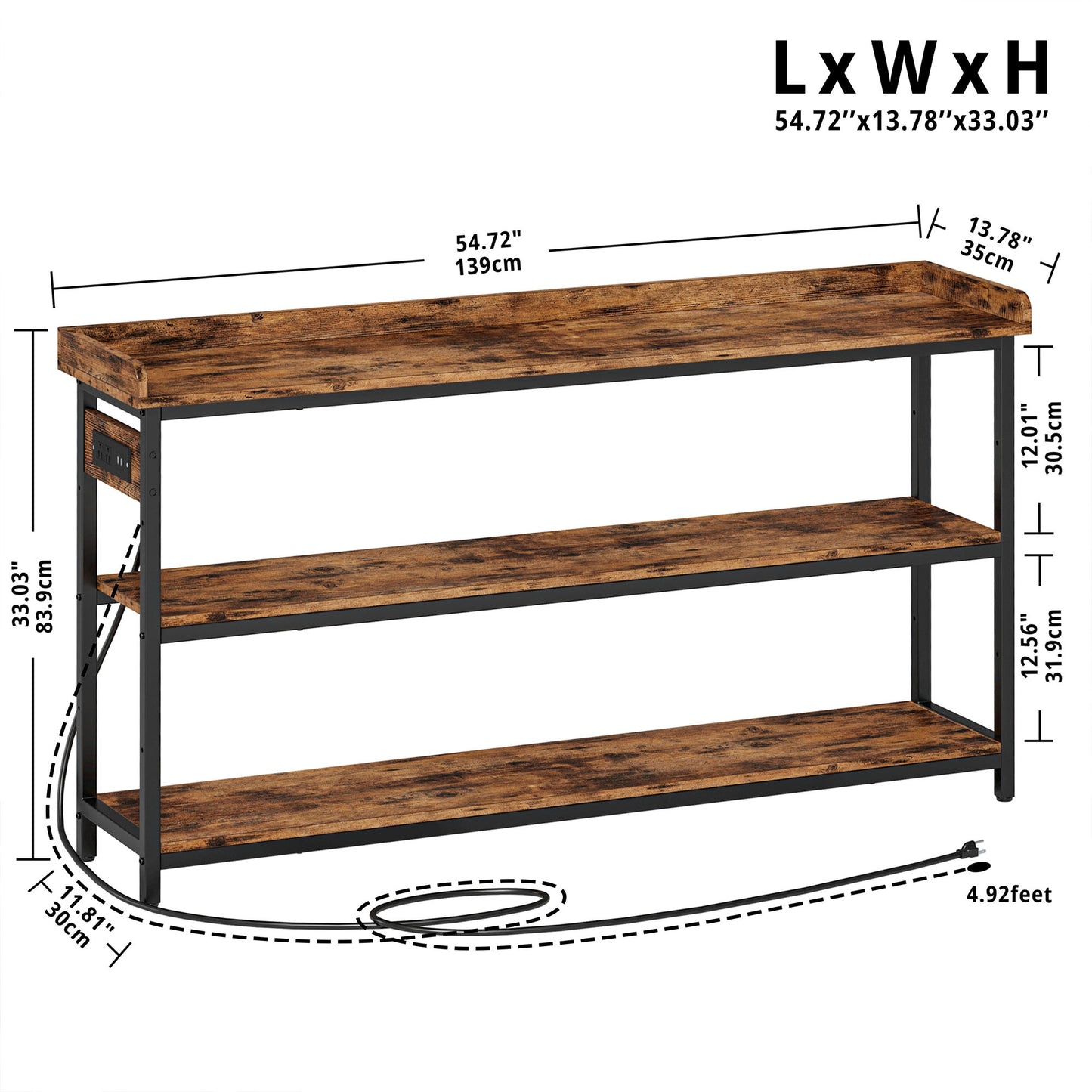Versatile 3-Tier Console Table: Adjustable Wood-Metal Sofa Table for Chic Living Room and Home Organization