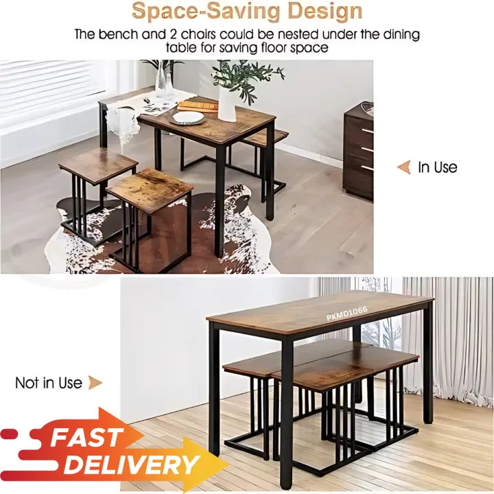 4 Piece Kitchen Dinging Table Set, Wooden Table with 2 Stools and Bench, Dining Set, Kitchen Table Set with Iron Frame, Space-Saving Table Set