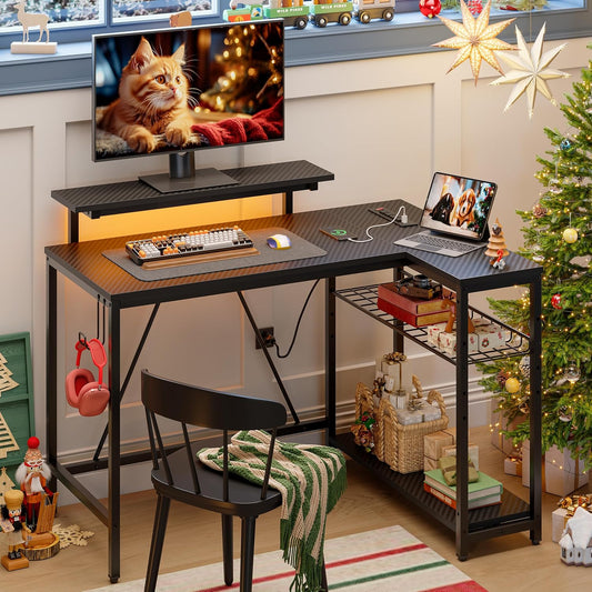 Compact Gaming Desk with Monitor Stand and Reversible Shelves | Modern LED Computer Desk with Storage Rack & Headphone Hook | Ideal for Workstation or Holiday Setup