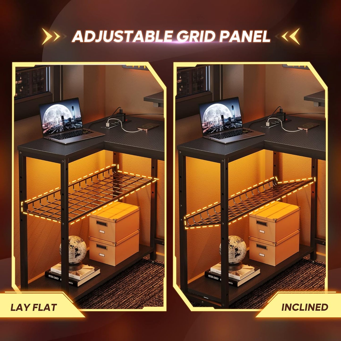 Compact Gaming Desk with Monitor Stand and Reversible Shelves | Modern LED Computer Desk with Storage Rack & Headphone Hook | Ideal for Workstation or Holiday Setup