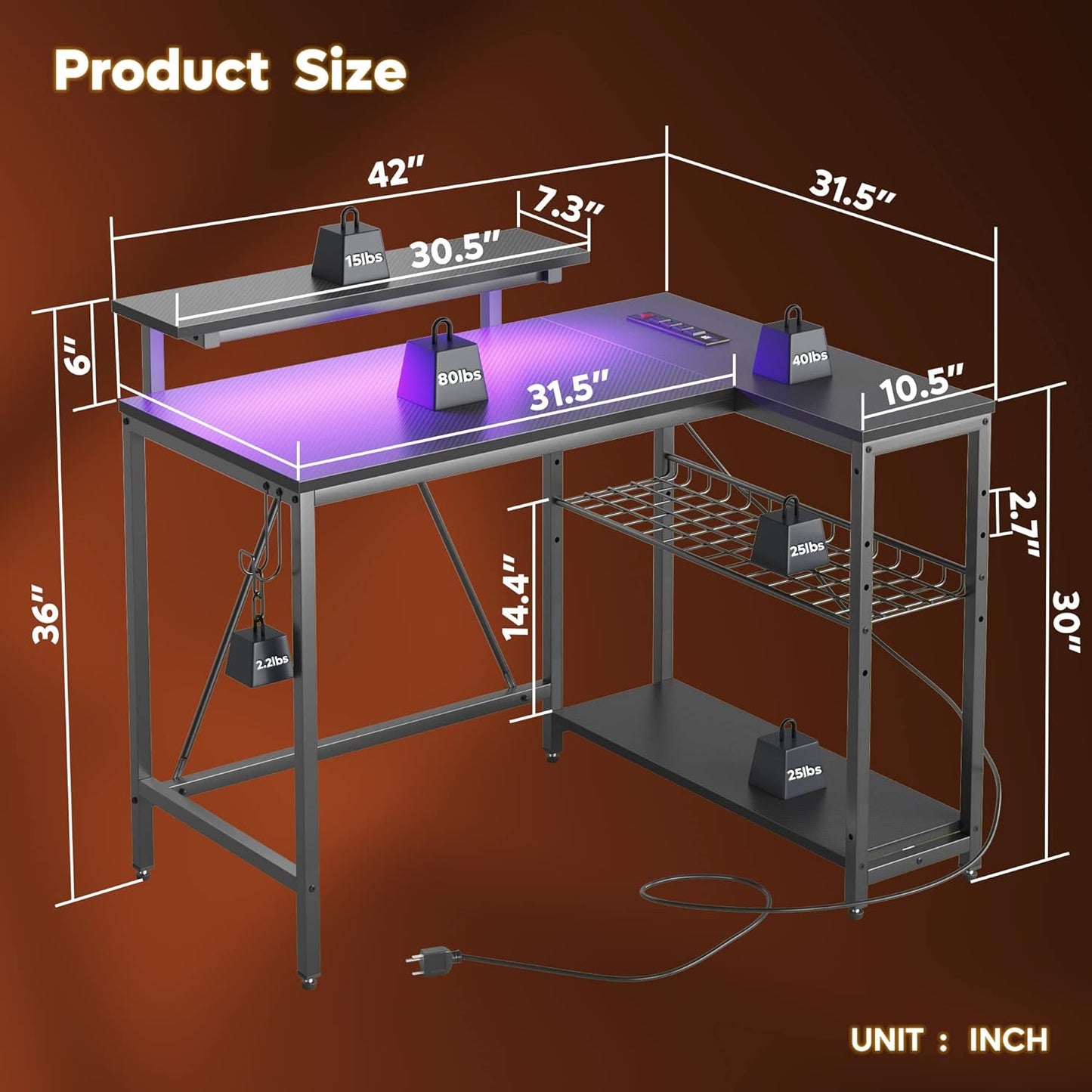 Compact Gaming Desk with Monitor Stand and Reversible Shelves | Modern LED Computer Desk with Storage Rack & Headphone Hook | Ideal for Workstation or Holiday Setup