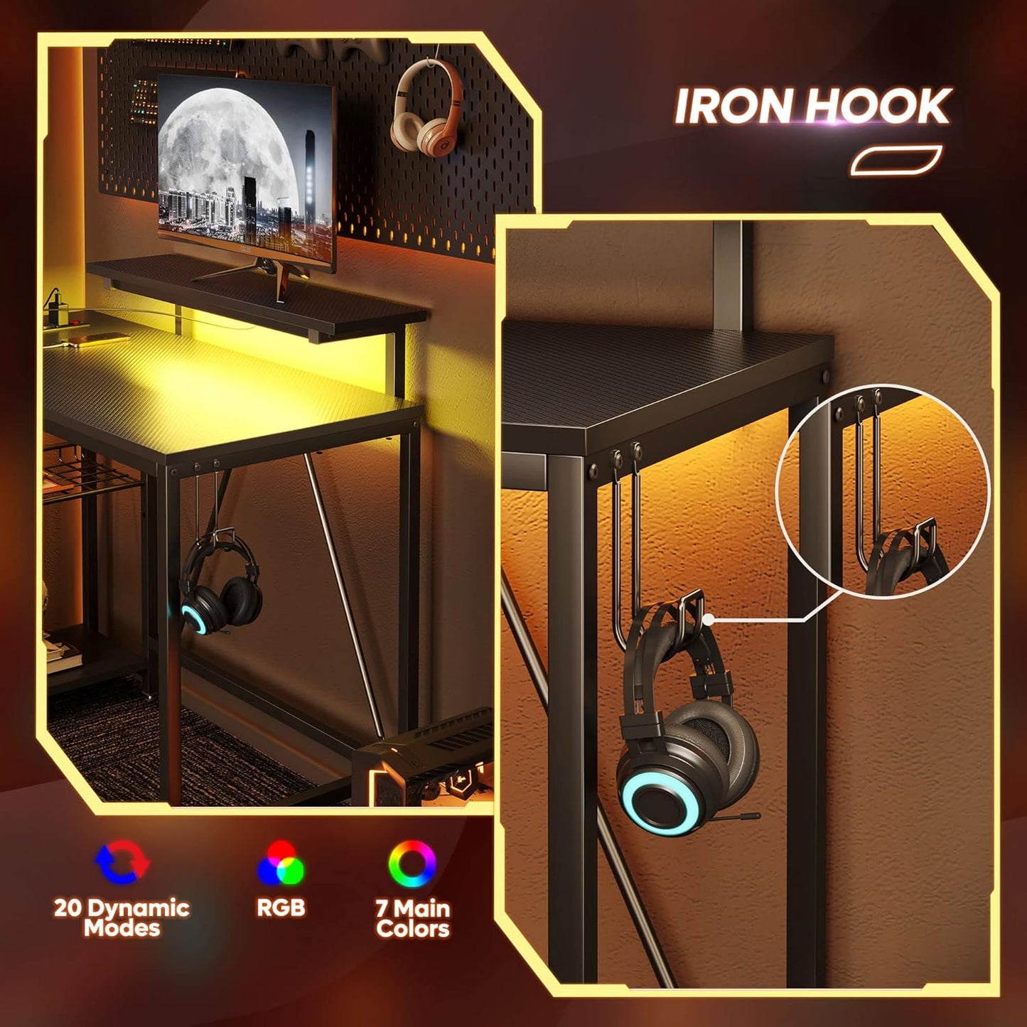 Compact Gaming Desk with Monitor Stand and Reversible Shelves | Modern LED Computer Desk with Storage Rack & Headphone Hook | Ideal for Workstation or Holiday Setup