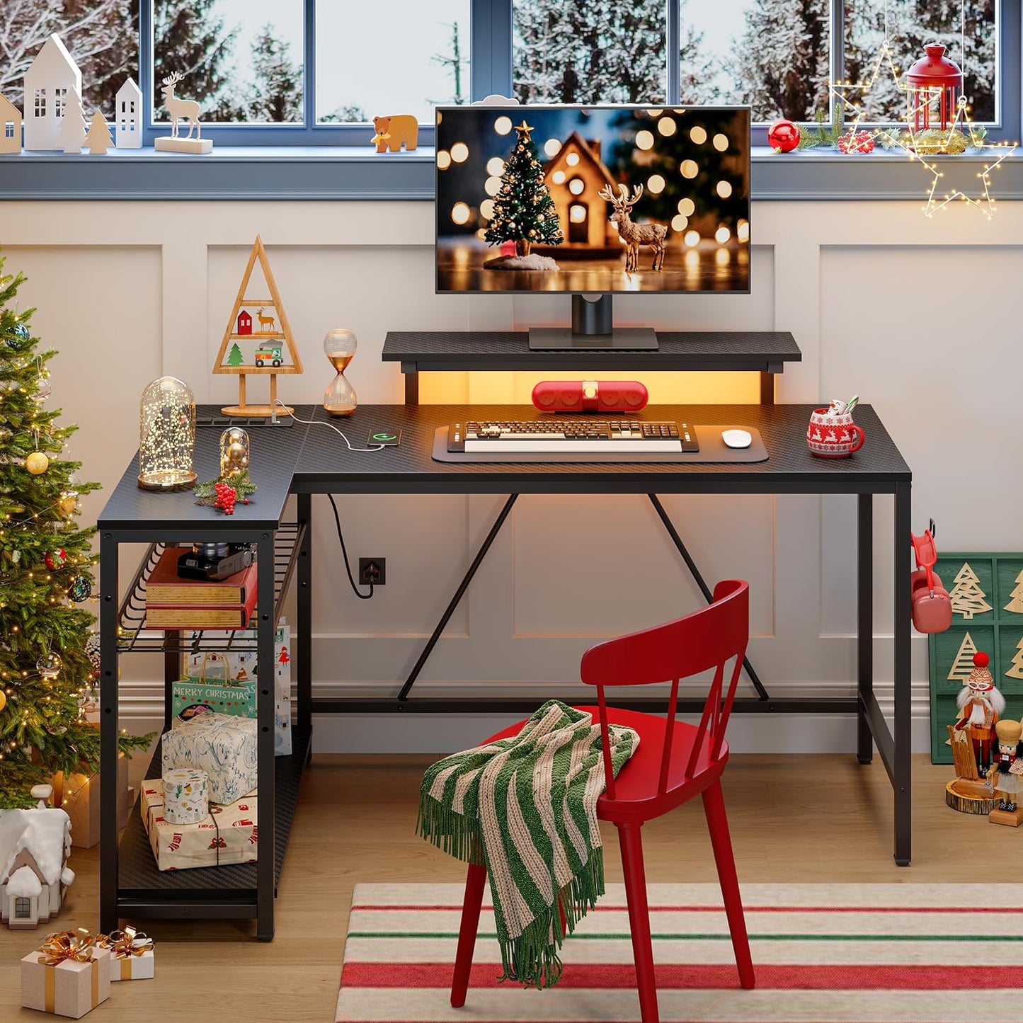 Compact Gaming Desk with Monitor Stand and Reversible Shelves | Modern LED Computer Desk with Storage Rack & Headphone Hook | Ideal for Workstation or Holiday Setup