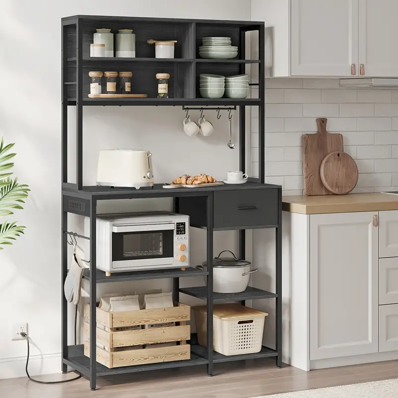 Bakers Rack With Charging Station, Coffee Bar Stand With Adjustable Storage Shelves, Fabric Drawer, Microven Racks, Kitchen racks