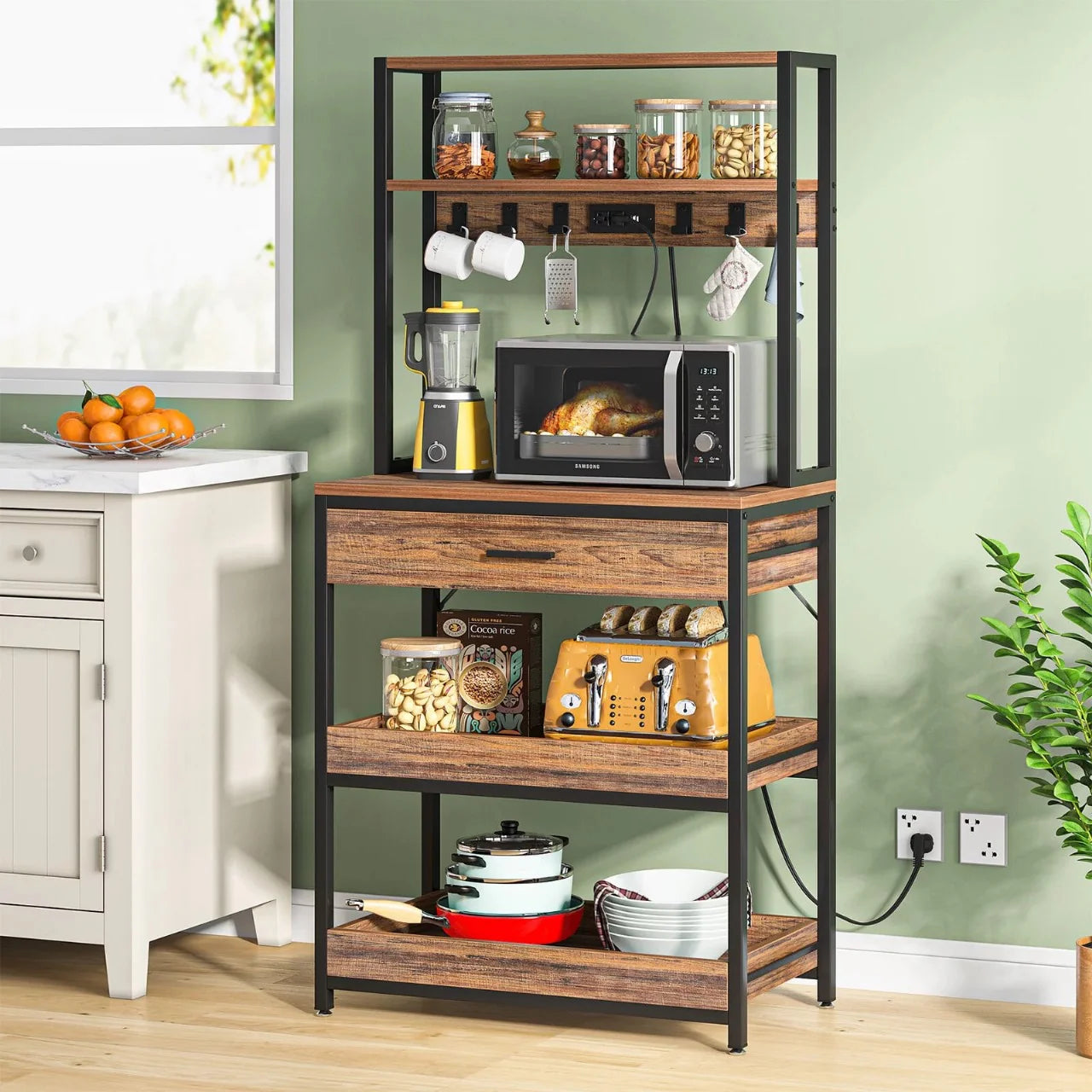 Rustic Industrial Kitchen Baker's Rack | Coffee Bar & Storage Shelf | Microwave Stand with Hooks and Drawer for Kitchen Organization