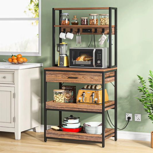 Rustic Industrial Kitchen Baker's Rack | Coffee Bar & Storage Shelf | Microwave Stand with Hooks and Drawer for Kitchen Organization