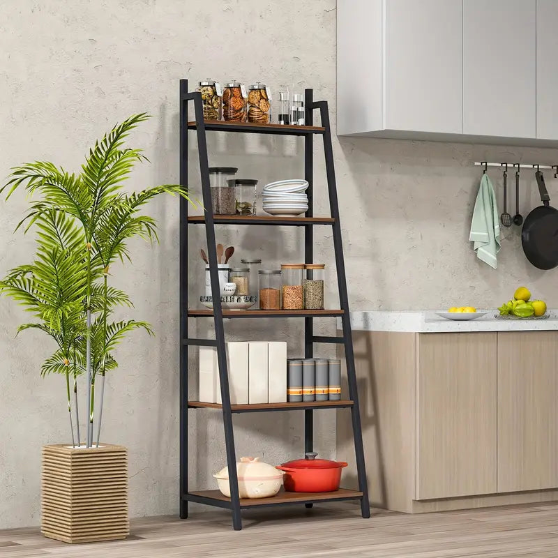 5 tier bookshelf/versatile Bookcase with Wood & Metal Frame for Home or Office, Ladder Shape Bookshelf Rack, Organizer